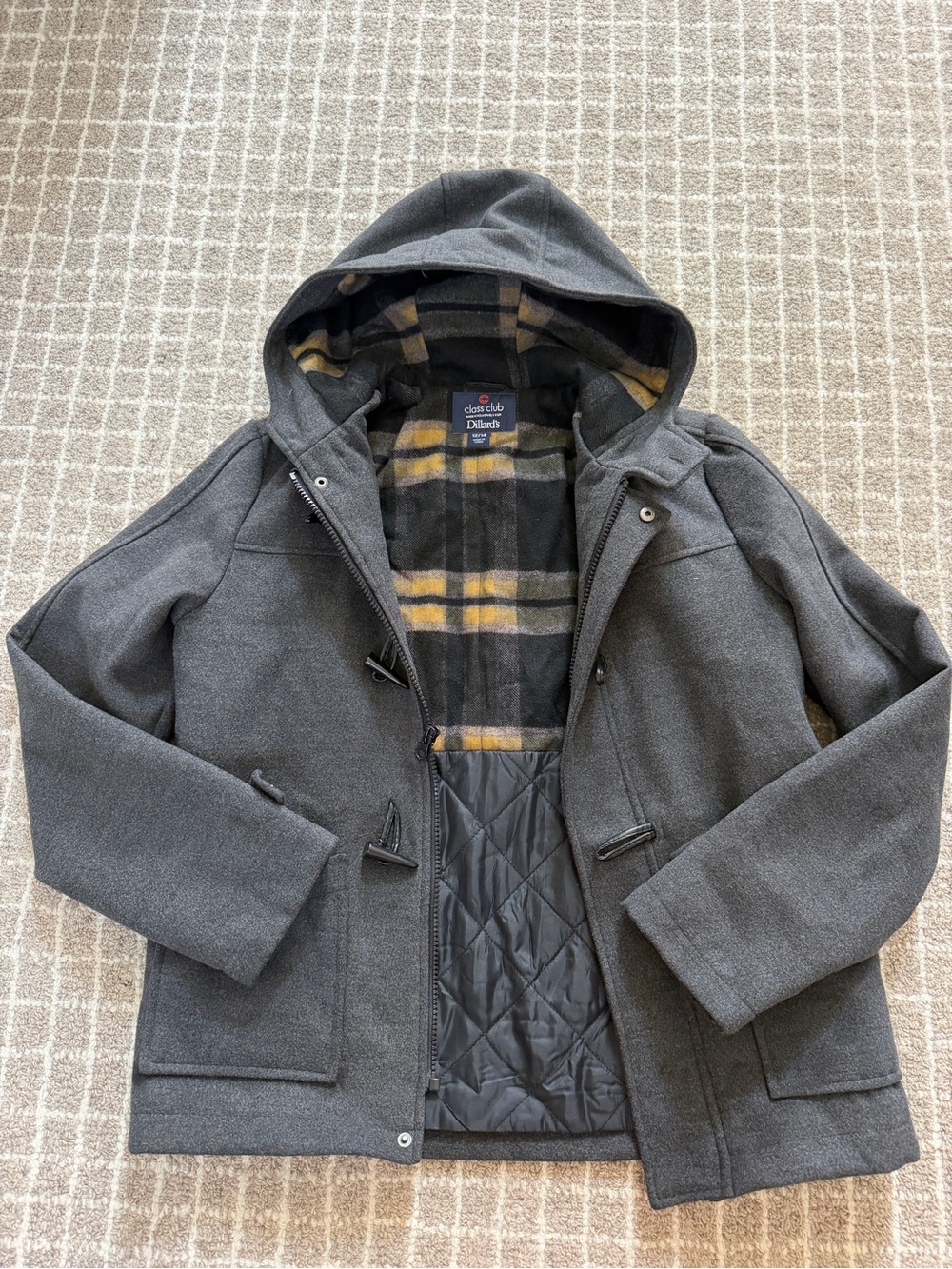 Class Club Charcoal Hooded Pea Coat with Plaid Lining